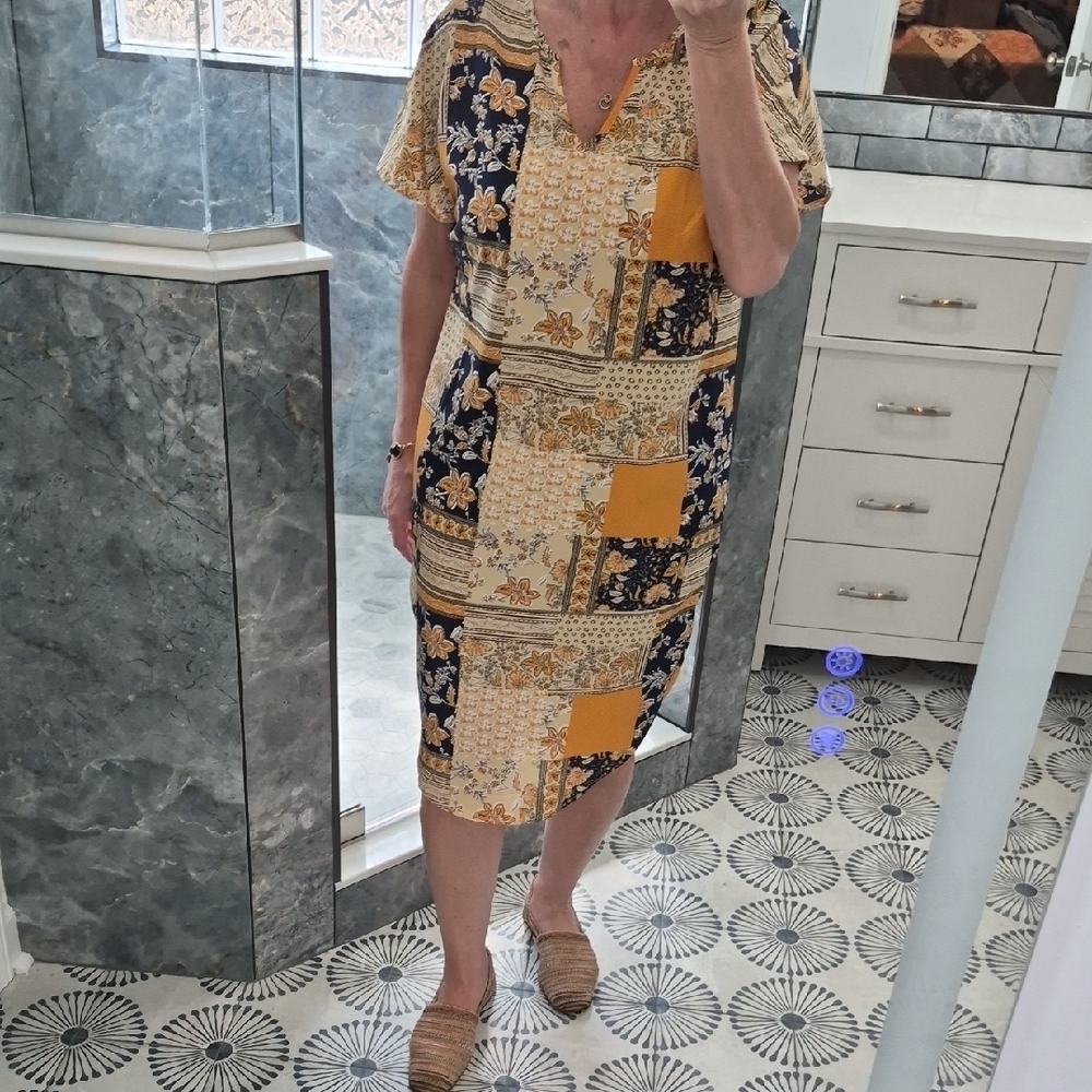 Patchwork V-Neck Midi Dress in Mustard and Navy